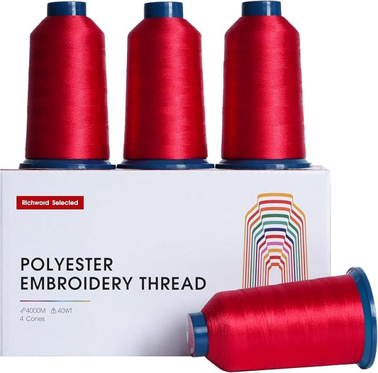 Poolin Black and White Embroidery Thread Set – Richword Selected 4 Rolls, 40WT Polyester 4000M for Home & Commercial Embroidery Machines-4 Red