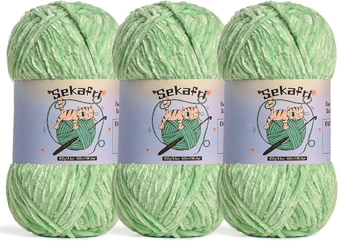 3 Pack of 300g (590yds) Fuzzy Chenille Yarn for Crocheting,Fluffy Amigurumi Crochet Yarn for DIY Craft/Hat/Clothes, Soft Velvet Baby Blanket Yarns（3 Light Green）