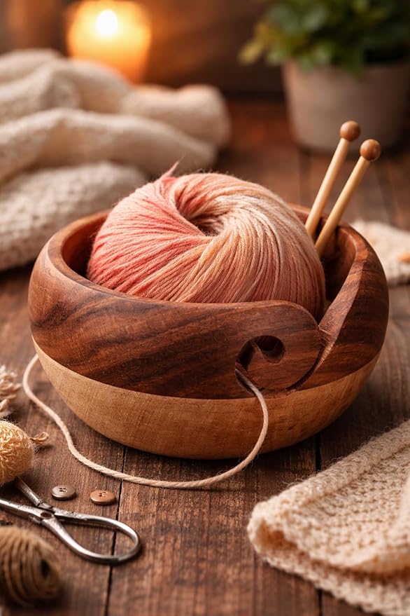 Mothers Day Gifts for Women Wooden Yarn Bowl Knitting Bowl Large Crochet Yarn Holder Handmade Crocheting Accessories and Supplies Organizer 7 x 3" Retirement Birthday Gift for Knitting Lovers