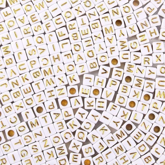Acrylic Letter Beads Alphabet Gold Letters White Cube Bead, 6×6mm 900pcs, Friendship Bracelets Letters Beads Jewelry Making Bulk