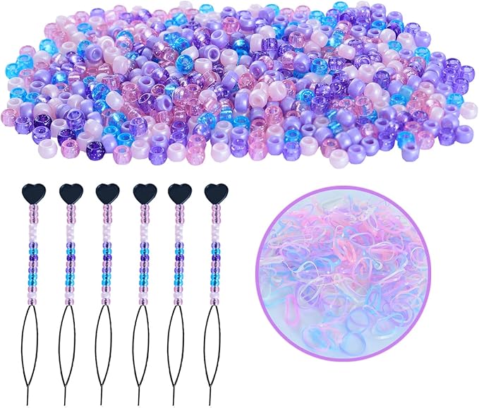 1606pcs Hair Beads Kit for Hair Braids for Girls Including 600pcs 9x6mm Pony Beads,1000pcs Elastic Rubber Bands, and 6pcs Quick Beaders