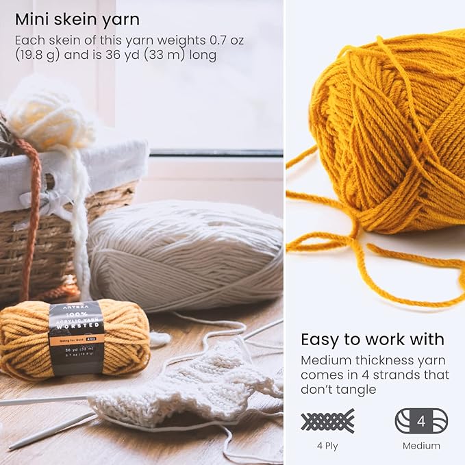 ARTEZA Acrylic Yarn for Crocheting, 20 Mini-Skeins of Worsted Yarn for Knitting in Classic Colors, Knitting & Crochet Supplies