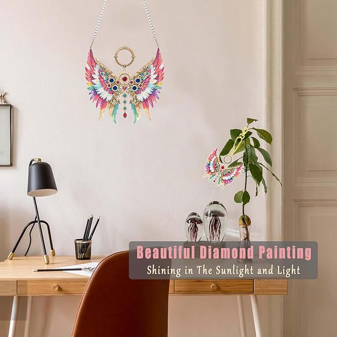 Masendp Wing Feather Diamond Painting Double-Sided Hanging Ornament Set, DIY Irregular Shaped Rhinestone Window Decoration Set, Suitable for Home and Garden Wall Decoration Gifts