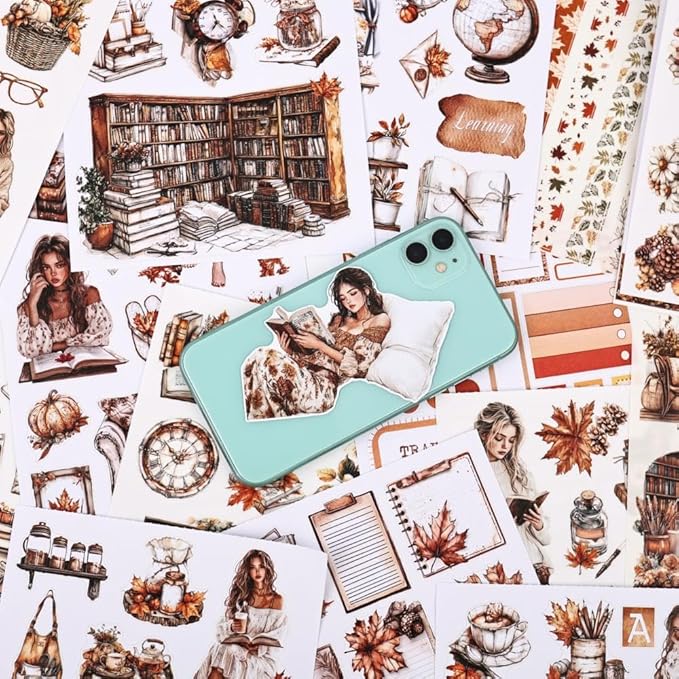 Afternoon Reading Sticker Book for Adults Journaling, 20 Diecut PET Washi Paper Scrapbook Stickers Sheets, Ephemera for Junk Journals Supplies, Scrapbooking, Collage, Bujo, A5