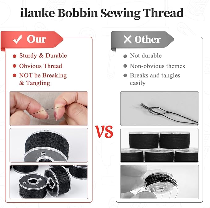 ilauke 36 pcs Black Bobbin Thread, Size A Prewound Sewing Thread Bobbins with Clear Storage Plastic Case Box Compatible with Brother Singer Embroidery BabyLock Janome Singer, 60WT