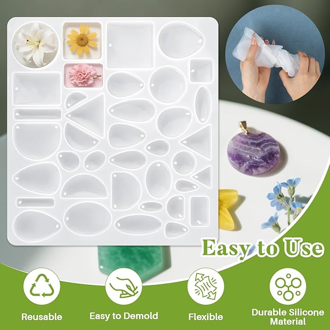 Resin Jewelry Molds - Silicone Molds for Epoxy Resin, Reusable Casting Tray with Hole, Resin Mold for DIY Jewelry, Pendant, Earring, Necklace, Bookmark, Keychain Making Kit, Assorted Shapes