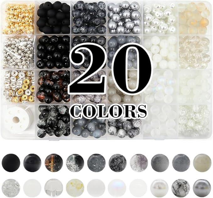 DIPSEOI 8mm Glass Beads for Bracelet Kit - 900 Pcs Jewelry Making Kits Bead DIY with Spacer Charms (Black Grey White Series)
