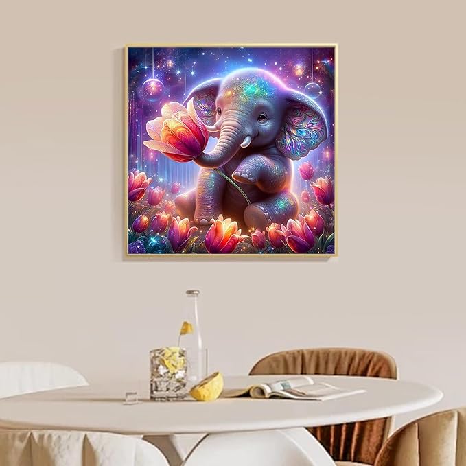 Camocin Diamond Art Kits for Adults Elephant, 5D Tulips Diamond Painting Kits for Adults Beginners, DIY Elephant Full Round Dots Drill Gem Art Kit for Gift Home Wall Decor 14 x 14 Inch