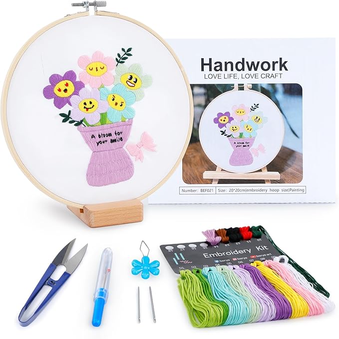 BERYA Embroidery Kit for Adult Beginners, Funny Flower Embroidery Kit with Step-by-Step Instructions & Video, Printed Cloth, 7.87" Hoop, Display Stand, Color Threads and Tools for Craft Lover(BEF021)