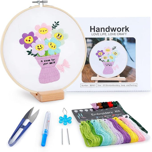 BERYA Embroidery Kit for Adult Beginners, Funny Flower Embroidery Kit with Step-by-Step Instructions & Video, Printed Cloth, 7.87" Hoop, Display Stand, Color Threads and Tools for Craft Lover(BEF021)