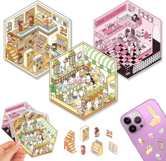 qianshan Scrapbooking Supplies Kit,DIY 3D Stickers Scene,3 Set Funny DIY Sticker Scenes,Make Your Own Cute 3D Miniature Room Scene Stickers for Adults Relief Stress Pass The Time.8-9-10