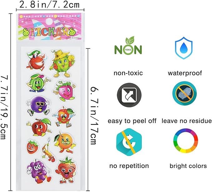 24 sheets(350+) fruit 3d puffy stickers for toddlers kids, bulk preschool sticker sheets for reward, craft, scrapbooking