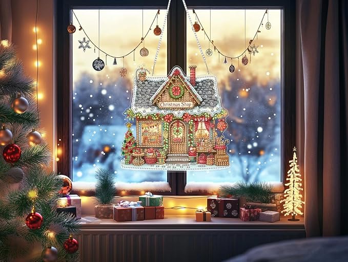 Christmas Shop Diamond Art Kits for Adults, DIY Pendant Diamond Painting Kits for Beginners, 5D Special Shape Full Drill Hanging Diamond Gem Art Painting Kits for Window Suncatchers for Home Decor
