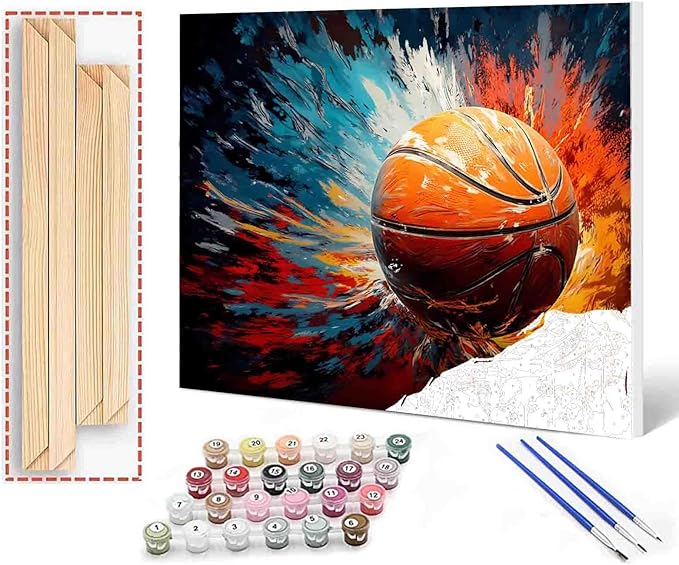 DIY Paint by Numbers Basketball Picture,Canvas Oil Painting Kit for Kids&Adults,Acrylic Oil Painting On Canvas,Number Painting DIY Craft Kits for Boys Bedroom Decoration DIY Frame 16X20Inch
