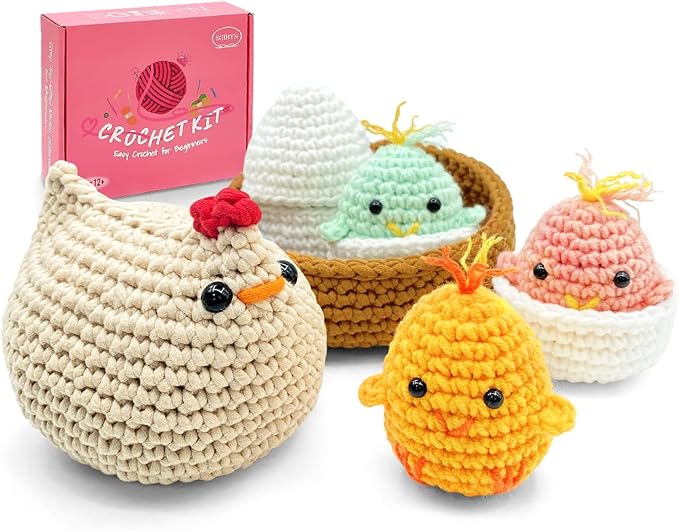 SGIBYN Crochet Kit for Beginners with Step-by-Step Video Tutorials, Starter Crochet Chicken Animals Kit for Women Teens, Handcraft Amigurumi Knitting Kits(Chicken Family)