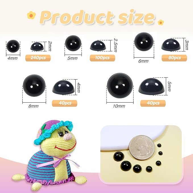 TOAOB 500pcs Round Black Plastic Doll Eyes 4mm 5mm 6mm 8mm 10mm Flatback Cabochon Button Eyeball Beads for Stuffed Animals Amigurumis Crochet Bears Crafts Making