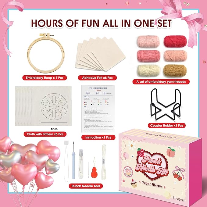 yuegool 6PCS Punch Needle Coaster Kit, Easy DIY Embroidery Set for Beginners & Adults with Patterns, Tools, Yarns, Hoop, Instructions & Coaster Holder