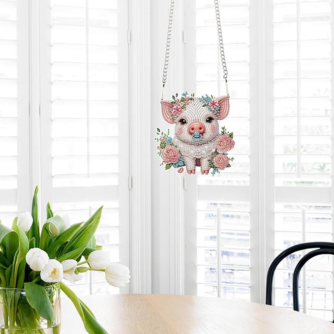 Tontut Diamond Art Painting Kits Hanging Decoration, 5D Flower Pig Diamond Art Painting, DIY Special Shape Diamond Craft Wall Garden Decoration, Gifts