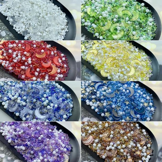 Assorted Glass Beads for Jewelry Making Multi Size Colors Glass Star Moon Seed Pearl Spacer Beads for Bracelets Necklace Earring Making(White Blue)