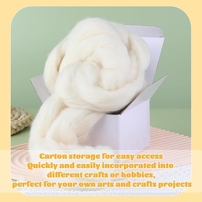 3.53oz Wool Roving, Fiber Roving Wool Top, Needle Felting Supplies, Pure Wools, Chunky Yarn, Spinning Wools for Needle Felting Wet DIY Hand Spinning (Natural White)