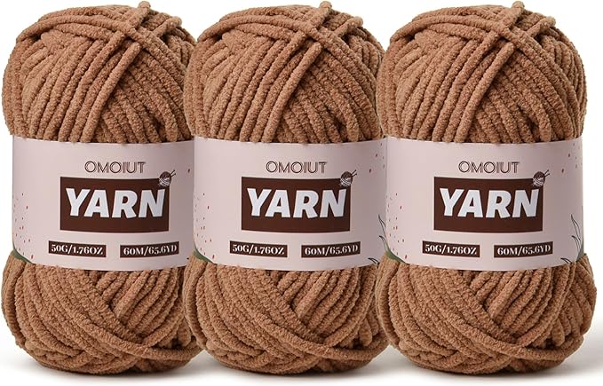 3 Packs Plush Chenille Chunky Crochet Yarn - Baby Yarn for Crocheting Soft - Velvet Yarns Knitting for Blankets Crafts - Fluffy Amigurumi Yarns 150g / 196.8yds (3 Light Coffee)