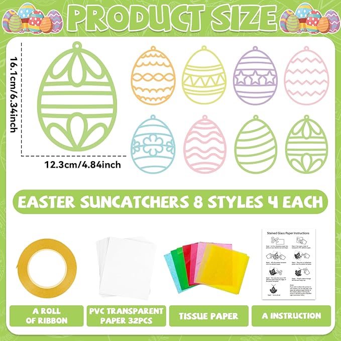 32 Sets Easter Egg Suncatchers Craft Kit DIY Window Stained Glass Effect Easter Egg Paper Crafts Home School Classroom Decoration Kid Birthday Gift Creative Art Project & Activity Game