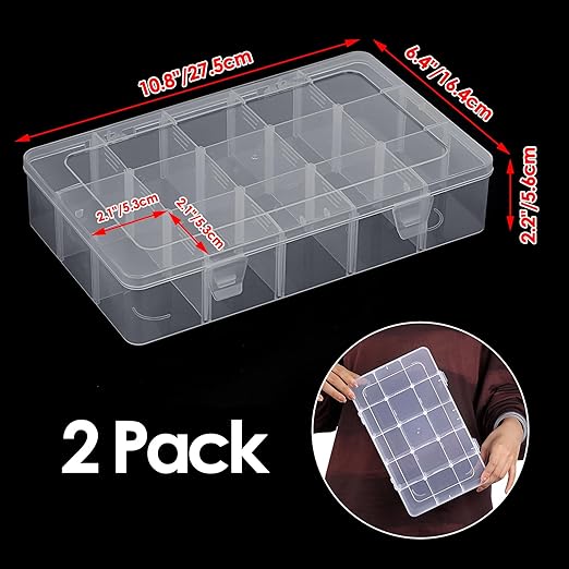 BTSKY 2 PCS Plastic Washi Tape Organizer, Adjustable 15-Grid Compartment Washi Tape Storage Case, Clear Sticker Storage Box for Scrapbook Organizers and Storage, Universal Jewelry Box Bead Organizer