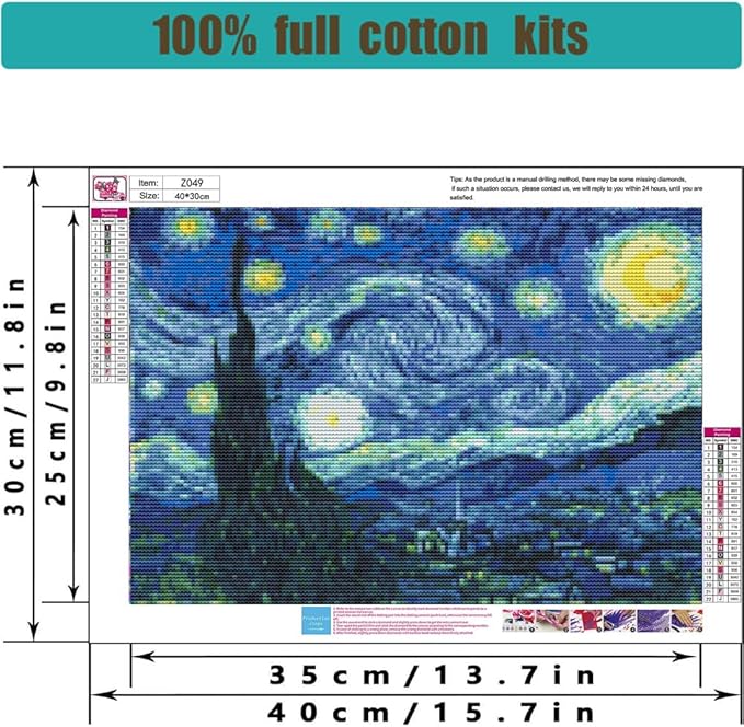 Stamped Cross Stitch Kits - Starry Night of Van Gogh Embroidery Kits for Beginners Adults,11 CT Patterns Dimensions Counted Cross Stitch Kits Arts Craft Kits 12 x 16inch