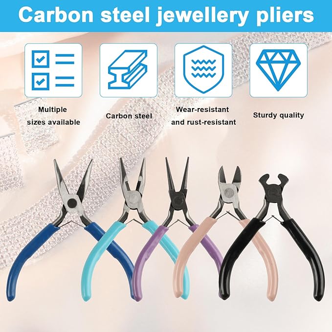 5-Piece Professional Jewelry Pliers Set for Wire Crafting & Repair ： Includes Chain Nose, Round Nose, Bent Nose, Needle Nose & Wire Cutters