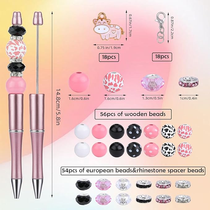 18pcs DIY Beadable Pens Bulk Pens for Beads Cow Pattern Beaded Pen Kit for Students Teacher Office Supplies DIY Making Gifts(Cow)