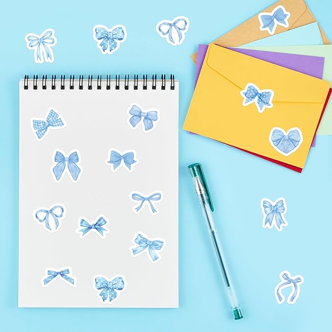 beyumi blue bows sticker roll - 1000pcs coquette blue bow stickers in 2 rolls waterproof vinyl girly aesthetic bowknot decal for gift laptop bottle scrapbooking luggage computer envelope decor for kid