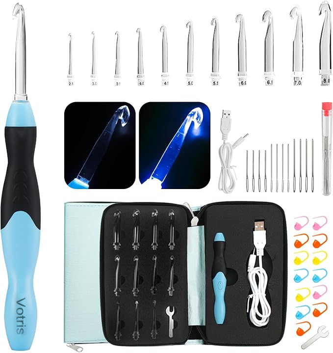 votris light up crochet hook set - 11 in 1 lighted crochet hook set for beginners, ergonomic soft grip, rechargeable light, interchangeable heads - ideal crochet hooks kit