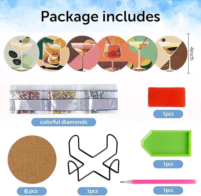 igoodom Diamond Art Coasters Kit, 6 PCS Cocktail Diamond Painting Coasters Kit for Adults with Holder, DIY Mosaic Crafts for Adults 3.9inch