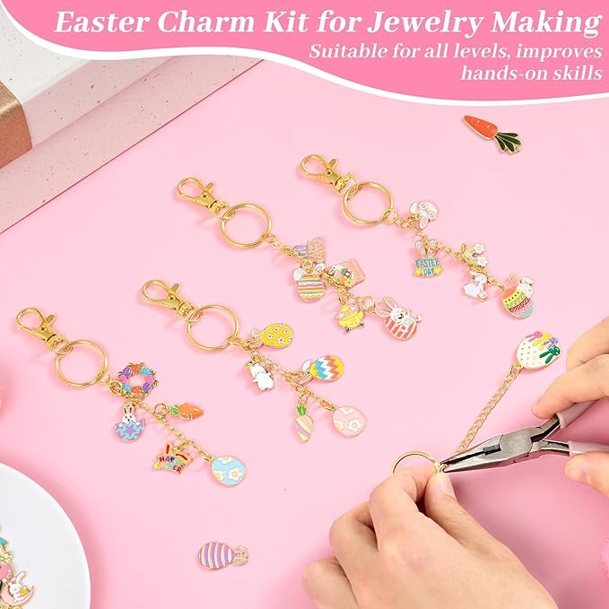 254 Pcs Cute Easter Charms Lip Gloss Keychain Making Kit Include Assorted Bunny Egg Rabbit Enamel Charms Keychain Clips Extender Chains Jump Ring DIY Jewelry Crafts Gifts for Women Adults