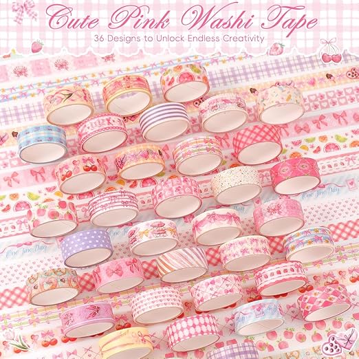 36 Rolls Sweet Pink Theme Washi Tape Set with Different Colorful Patterns, Writable Decorative Tapes for Scrapbooking, Junk Journal Supplies, Bullet Journaling, 0.39'' x 79'' per Roll