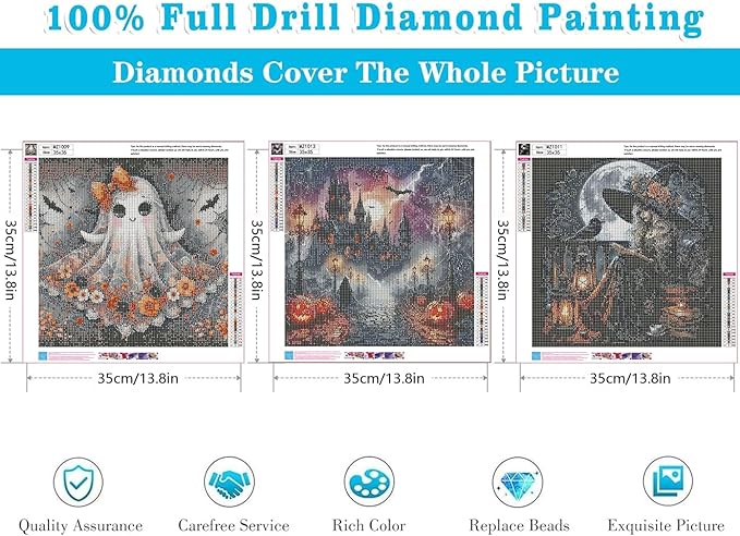 3 Pack Diamond Art Kits for Adults, Halloween Diamond Painting Kits for Adults, 5D DIY Round Drill Gem Art Paint With Diamonds Dots Crafts Kits for Home Decor Gift 14x14inch (Ghost Witch and Castle)
