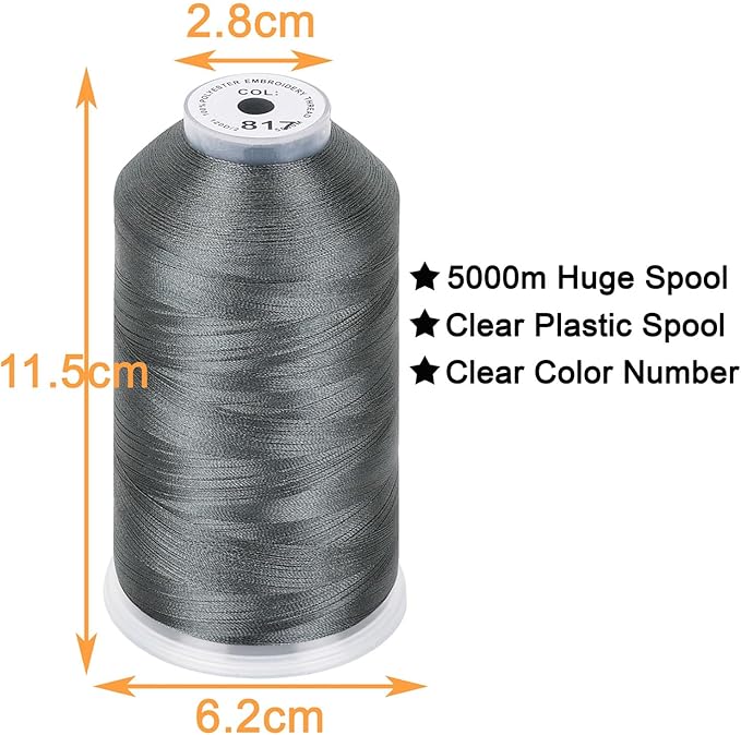 New brothread - 2 Huge Spools 5000M Each Polyester Embroidery Machine Thread 40WT for Commercial and Domestic Machines - Gray