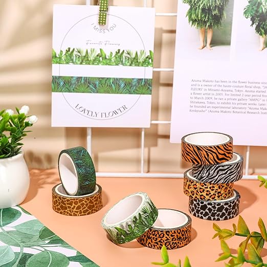 Whaline 8 Rolls Animal Prints Washi Tape Safari Decorative Masking Tape Set Leopard Zebra Tiger Giraffe Greenery Wrapping Paper Tape for Scrapbook Journal DIY Art Crafts