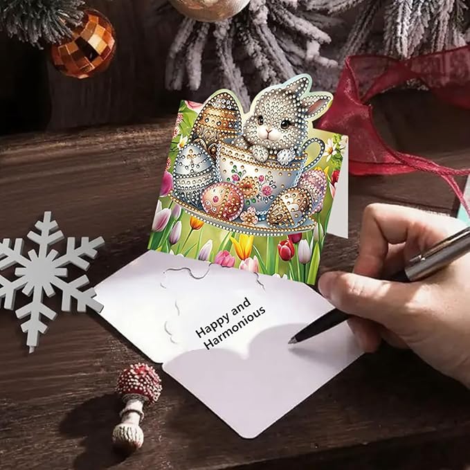 8 Pack 5D DIY Diamond Painting Greeting Card Kit, Diamond Art Greeting Card, Art Crafts Kit Creative Gift with Envelope (Easter Bunny B)