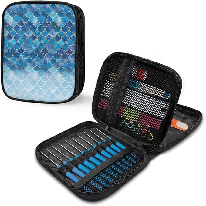 Hechitok Mermaid Scales Blue Crochet Hooks Case Zipper Bags Portable Crochet Storage Bag with Web Pocket and Crochet Holder Slots for Carrying Various Crochets Needles
