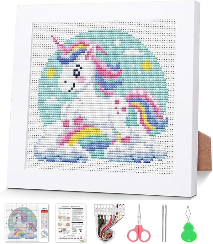 Cross Stitch Kits for Beginners,Colorful Animals Stamped Cross Stitch for Adults with Framed,Crafts for Girls 8-12 Embroidery Kit Partial 11CT Cross-Stitch Arts and Crafts for Adults 6.7x6.7inch