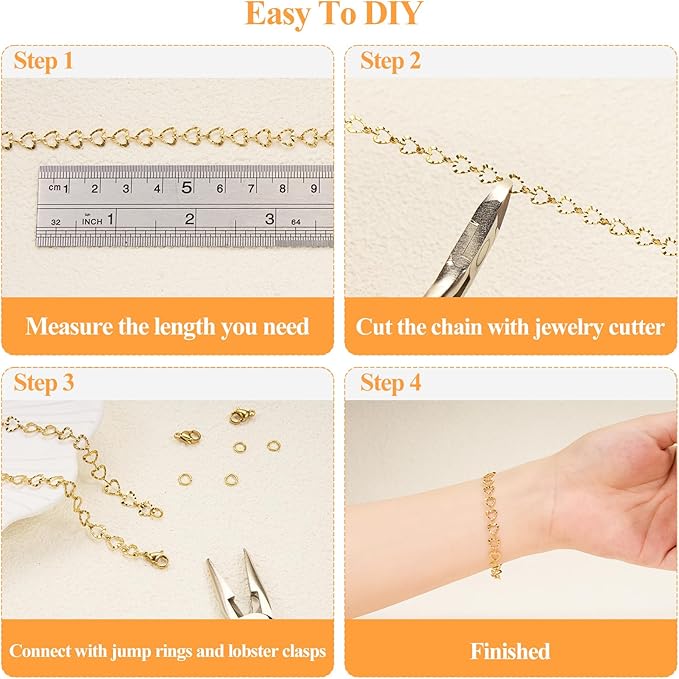 YOUBEIYEE 5 Meters Gold Plated Hollow Heart Chain for Jewelry Making Stainless Steel Link Chains Bulk on Spool
