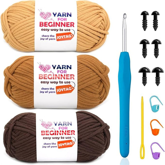 3 Pack Beginners Crochet Yarn Light Brown+Brown+Coffee Cotton Crochet Yarn for Crocheting Knitting Beginners with Easy-to-See Stitches Cotton-Nylon Blend Crochet Yarn for Beginners Crochet Kit(3x50g)