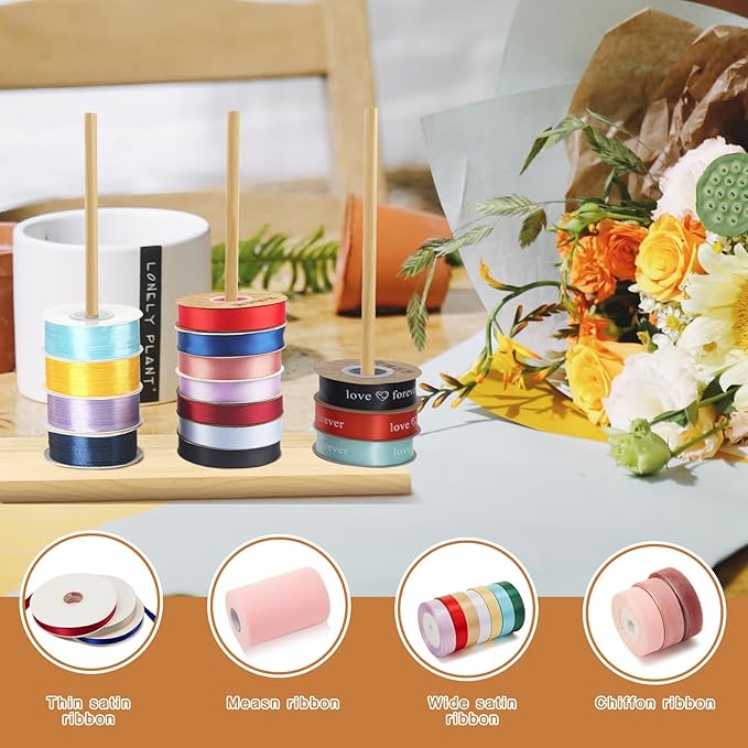 Wooden Ribbon Rack Storage, 2 Pcs Ribbon Organizer Spool Holders, Washi Tape Organizer Wire Spool Stand Holder for Sewing Craft Mesh Thread Tape Wreath Crochet Roll Florist Arts Wrapping Gift