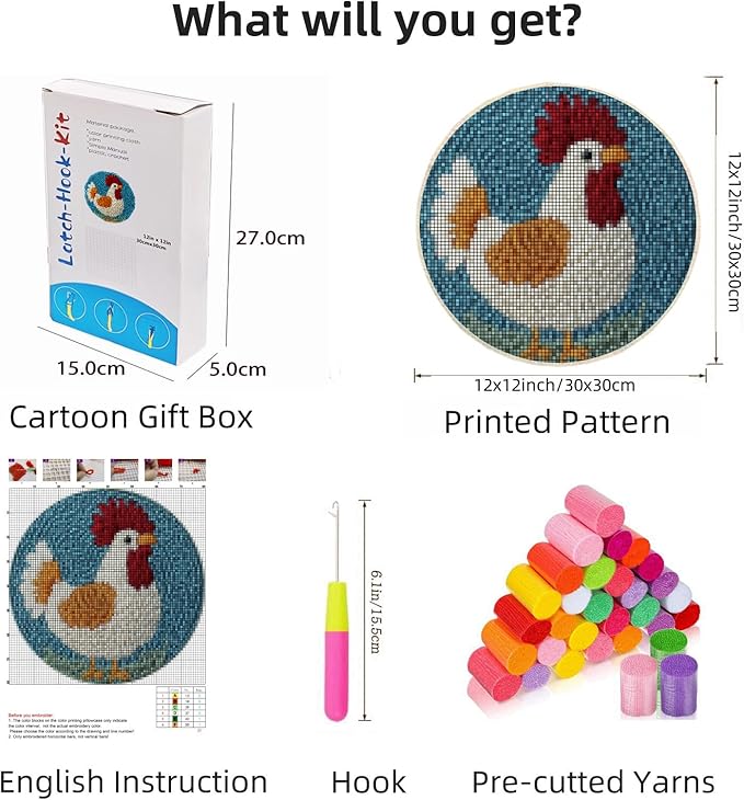 Latch Hook Rug Kit Cute Rooster Easy for Beginners Round Shape Carpet Crochet Yarn Craft Mini Rug DIY Hook and Latch Little Tapestry for Home Decor 30x30cm-1