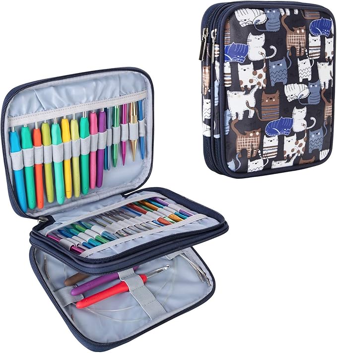 Teamoy Organizer Case for Interchangeable Circular Knitting Needles, Crochet Hooks and Knitting Accessories, Keep All in Place and Easy to Carry, Cats Blue (No Accessories Included)