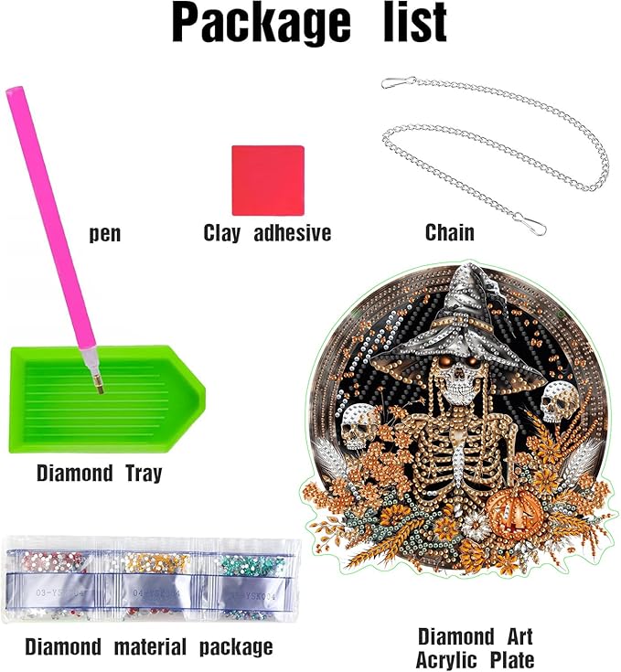 LOMSIOY Diamond Art Hanging Kit for Adult, Halloween Front Door Sign Window Decor for Outdoor, Skeleton Double Sided Summer Decor Suncatcers for Porch, Hanging Pendants for Garden Wall （8x8 Inch