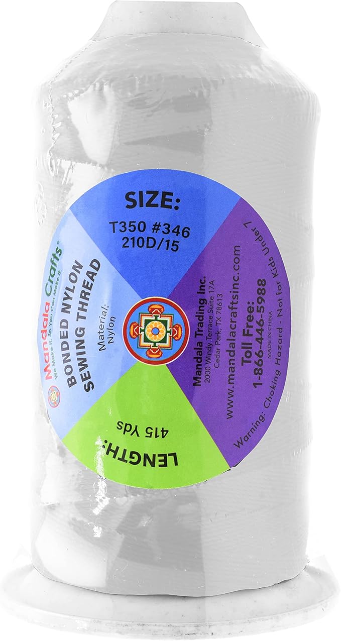 Mandala Crafts Size 346 210D T350 Bonded Nylon Thread - White 415 YDs Tex 350 Heavy Duty Sewing Threads for Leather, Jeans, Weaving, Outdoor Marine Upholstery