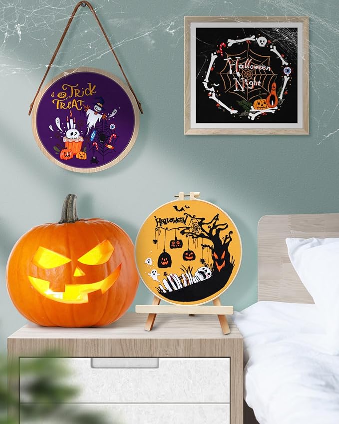 TINDTOP Halloween Embroidery Kit for Adult, 5 Pack Embroidery DIY Starter Kit, with Stamped Patterns, Hoop, Tools, Colorful Threads with Needles, Instructions