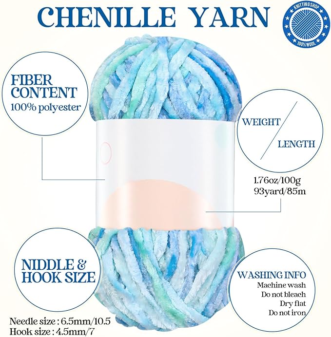 Woanger 20 Skeins Soft Chenille Yarn Velvet Blanket Yarn for Crocheting Hand Knitting Weaving DIY Craft, 93 Yards Each (Fresh Color)